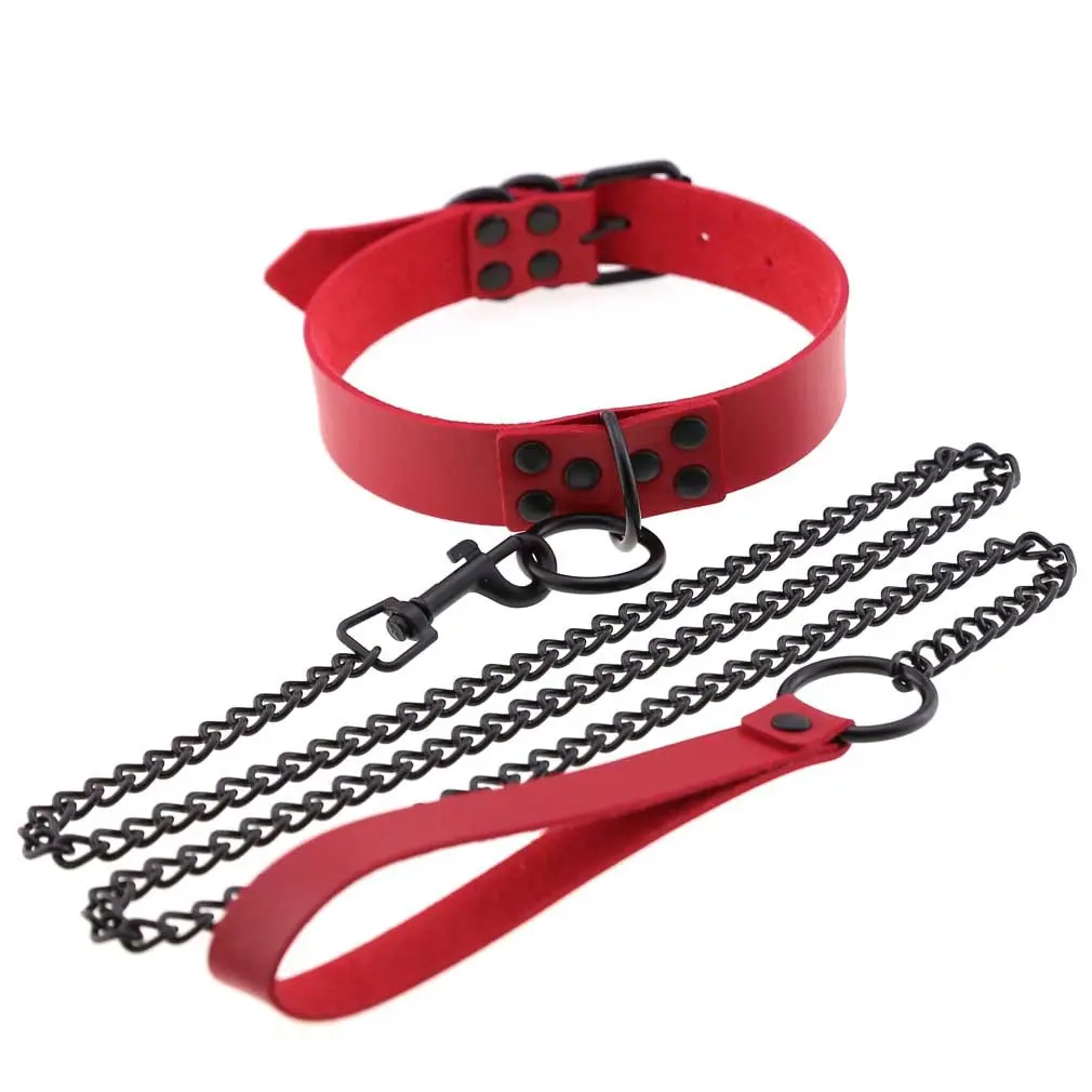 Black Leather Collar Necklace with Chain Leash - Image 6