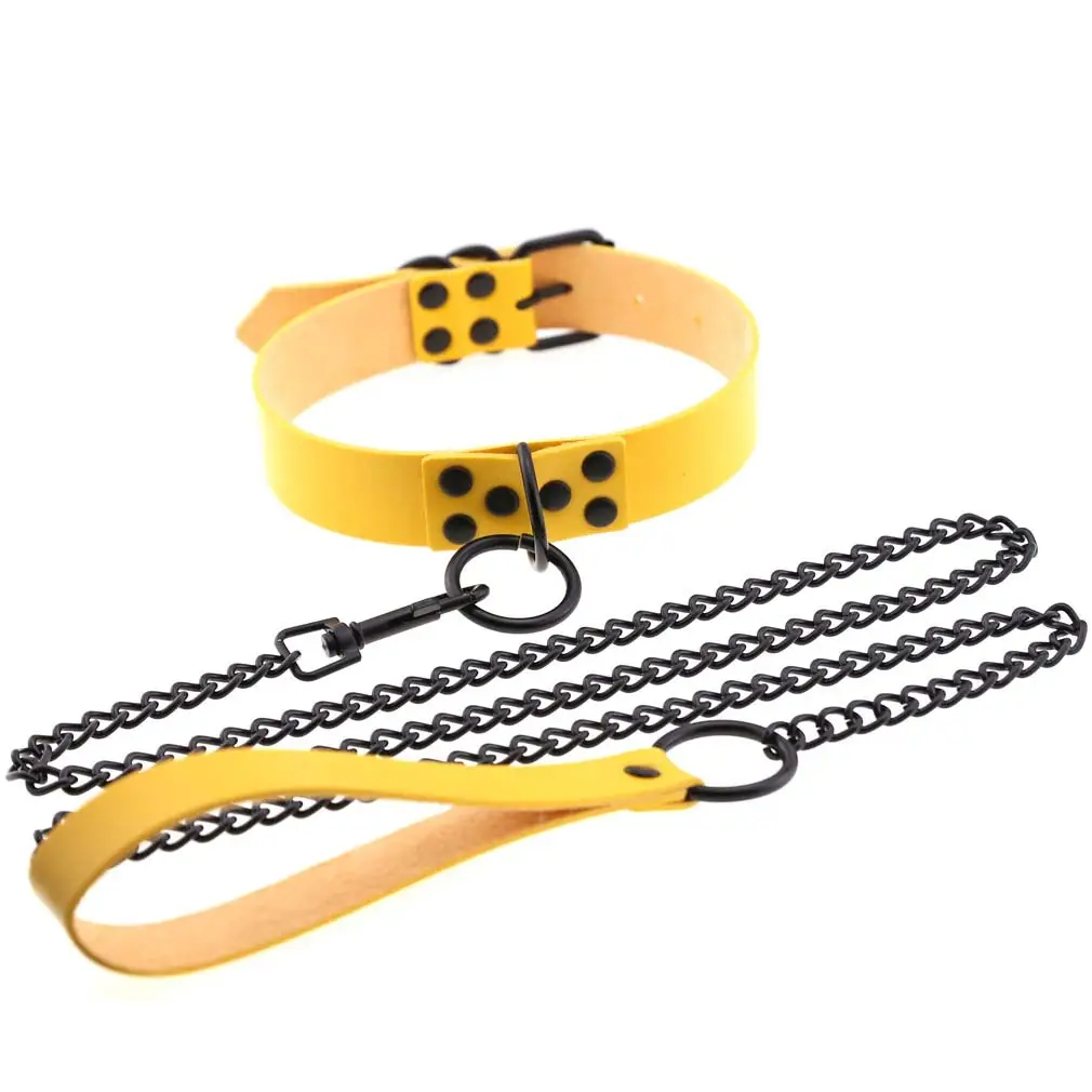 Black Leather Collar Necklace with Chain Leash - Image 7