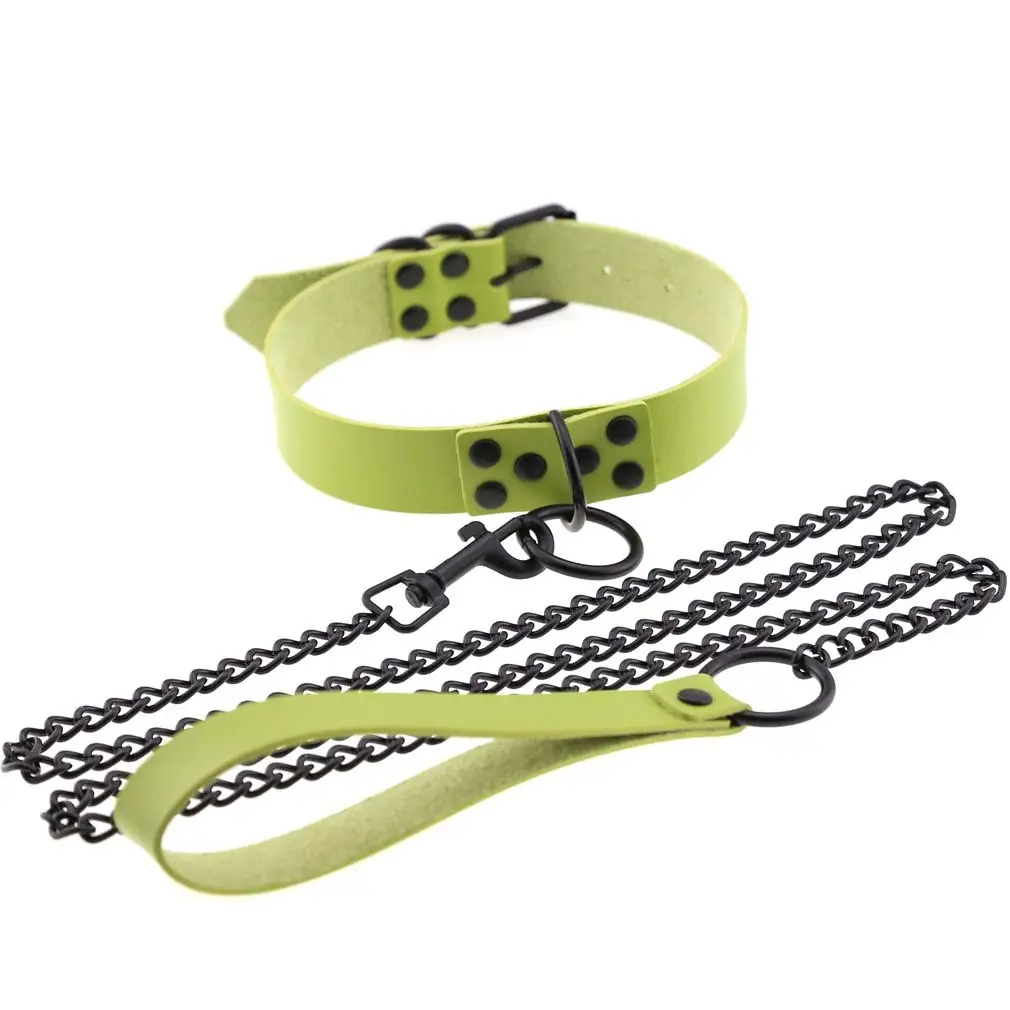 Black Leather Collar Necklace with Chain Leash - Image 8