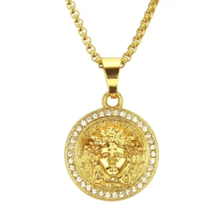 Gold Medusa Pendant Necklace for Men with Diamond Accents
