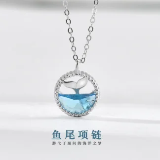 925 Sterling Silver Mermaid Tail Necklace Blue Zirconium Pendant