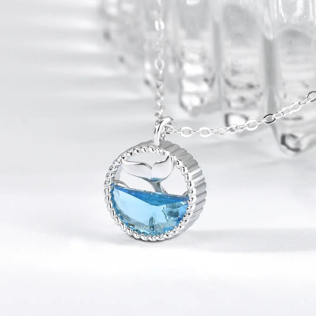 925 Sterling Silver Mermaid Tail Necklace Blue Zirconium Pendant - Image 2