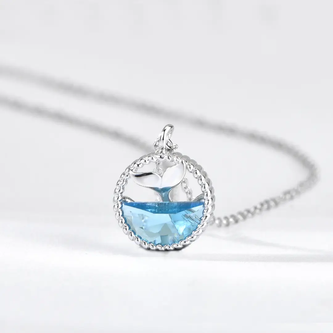 925 Sterling Silver Mermaid Tail Necklace Blue Zirconium Pendant - Image 3