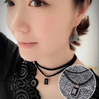 Women Black Double Layer Gem Pendant Necklace