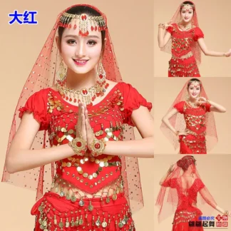 Red Belly Dance Costume with Coin Jewelry Set