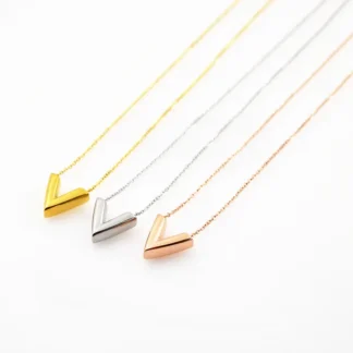3D V-Shaped Necklace Women Gold Rose Gold Silver Titanium Steel