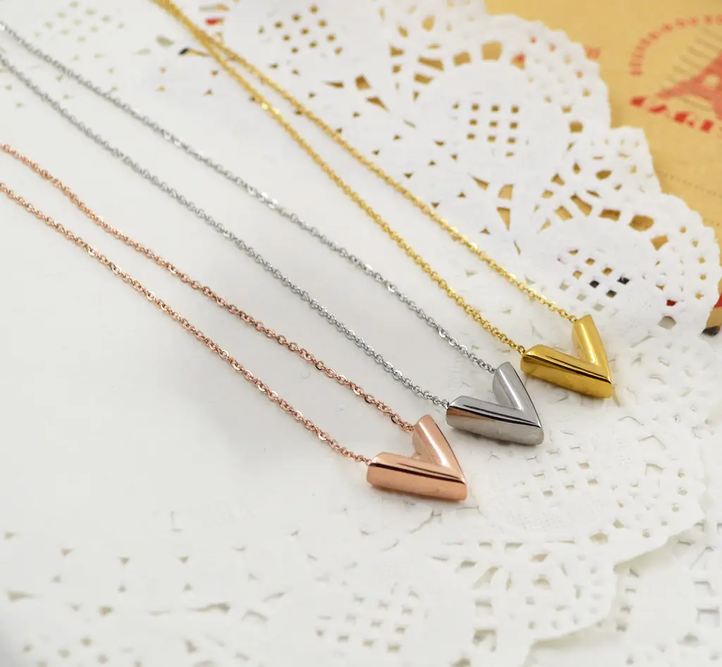 3D V-Shaped Necklace Women Gold Rose Gold Silver Titanium Steel - Image 3