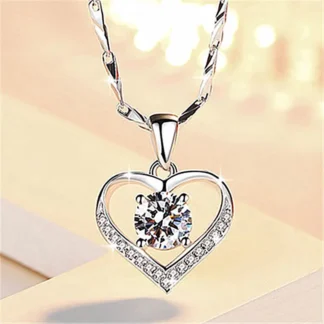 Silver Heart Pendant Necklace with Diamond Accent for Women