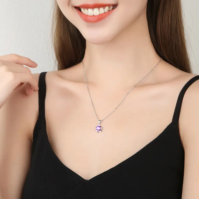Plum Blossom Pendant Necklace with White Diamond Flower Design - Image 4