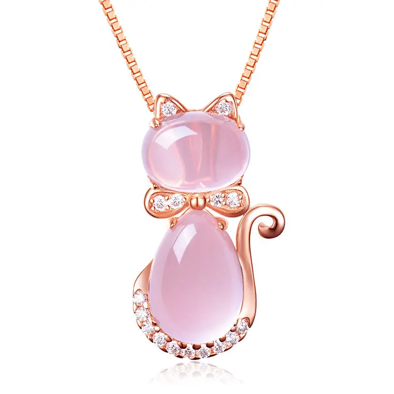 Pink Crystal Cat Pendant Necklace Rose Gold Plated