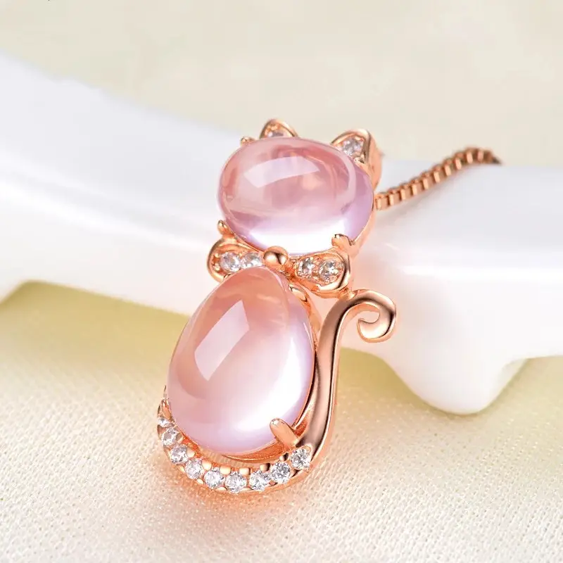 Pink Crystal Cat Pendant Necklace Rose Gold Plated - Image 2