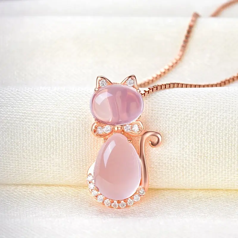 Pink Crystal Cat Pendant Necklace Rose Gold Plated - Image 3
