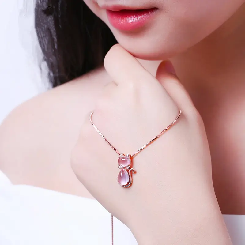 Pink Crystal Cat Pendant Necklace Rose Gold Plated - Image 4