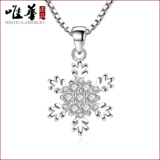 Silver Snowflake Pendant Necklace with Zircon Inlay