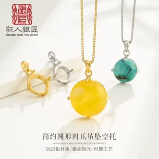 S925 Silver Round 4 Claw Pendant Empty Setting Gold Plated
