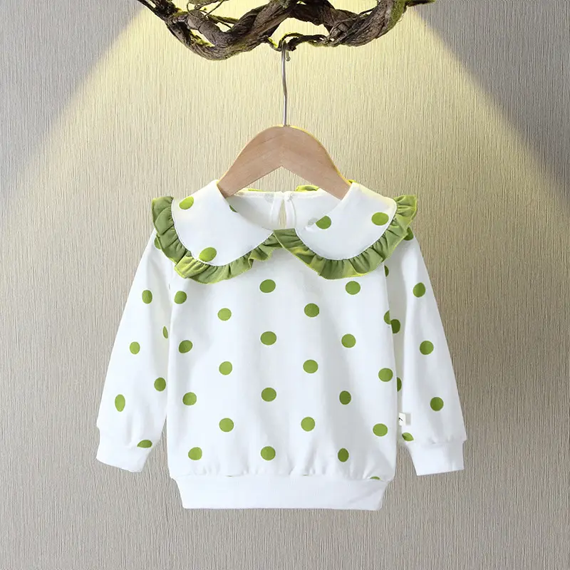 Girls Cotton Polka Dot Sweatshirt Green Lapel Long Sleeve