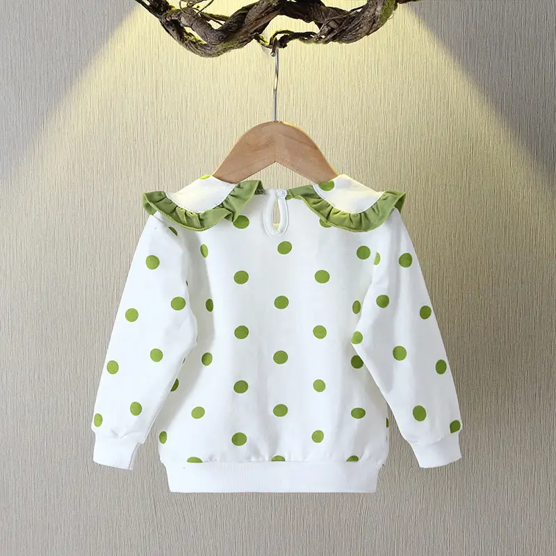 Girls Cotton Polka Dot Sweatshirt Green Lapel Long Sleeve - Image 4