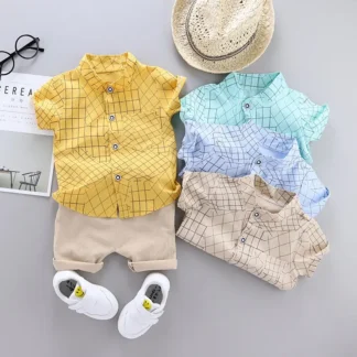 Summer Boys Short Sleeve Shirt Set Yellow Beige Blue Trendy Casual Wear
