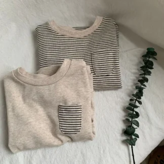 Kids Striped Pocket T-Shirt Loose Fit Long Sleeve