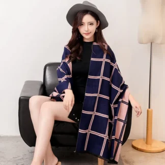 Women Plaid Cashmere-Like Shawl Dark Blue Pink Autumn Winter