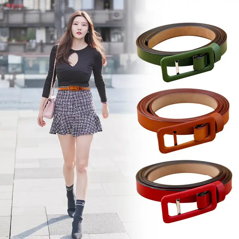 Women Two-layer Cowhide Thin Belt Red Brown Green Multicolor - Image 2