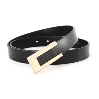 Women Black Leather Belt with Gold Buckle Casual Stylish