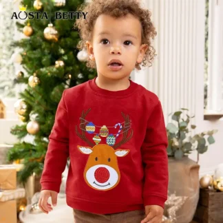 Kids Christmas Reindeer Sweater Red Cotton Long Sleeve