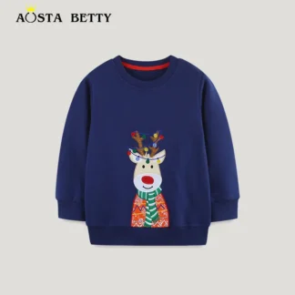 Kids Christmas Embroidered Sweatshirt Blue Long Sleeve