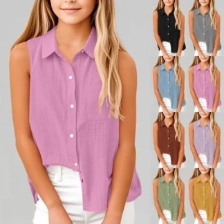 Kids Sleeveless Button Shirt Cotton Linen Summer Multicolor