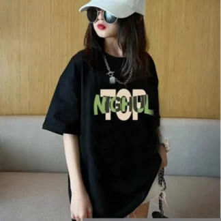 Girls Loose Printed T-Shirt Summer Black Letters
