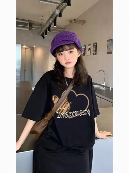 Girls Loose Printed T-Shirt Summer Black Letters