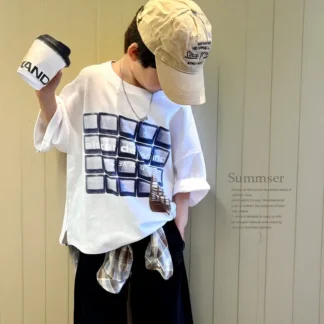 Boys Loose Printed T-Shirt Summer White Medium to Large