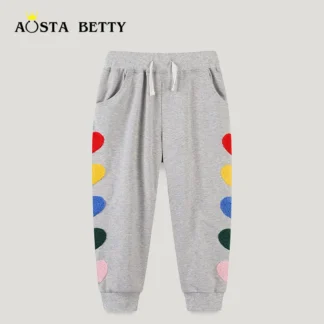 Kids Cotton Pants Gray with Colorful Heart Embroidery