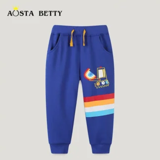 Blue Cartoon Excavator Sweatpants for Kids with Drawstring Waist