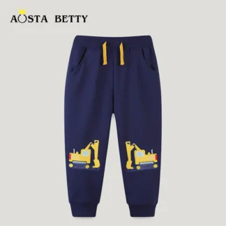 Kids Cotton Pants Navy Blue Yellow Excavator Embroidery