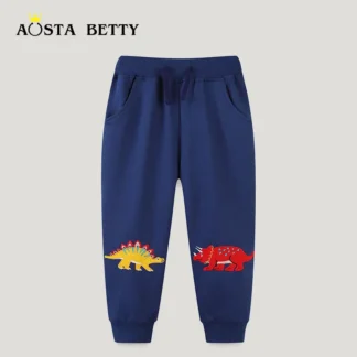 Navy Blue Dinosaur-Themed Kids Joggers for Autumn
