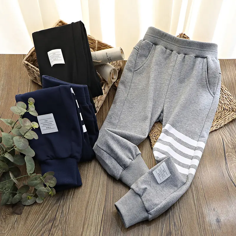 Kids Cotton Pants Gray White Stripes Winter Warm