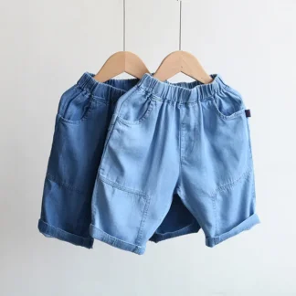 Men Blue Denim Shorts Cargo Pockets Elastic Waist