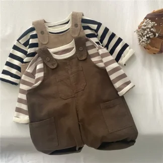 Brown Corduroy Strap Pant Set for Girls 2-5Y