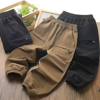 Men Woven Sports Pants Black Brown Elastic Waist