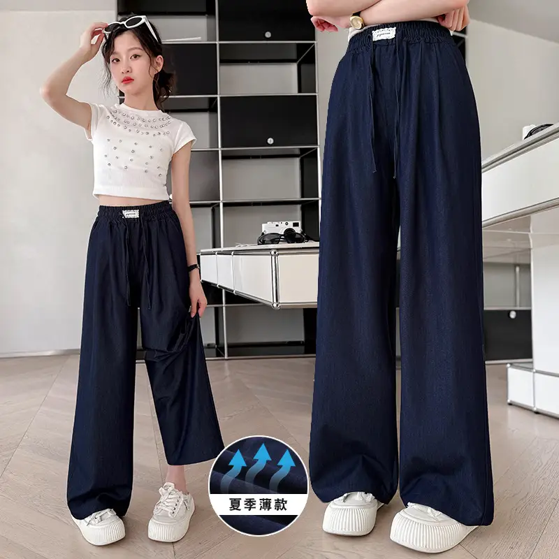 Girls Ice Silk Wide Leg Pants Dark Blue Summer - Image 2