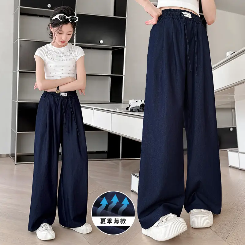Girls Ice Silk Wide Leg Pants Dark Blue Summer - Image 3