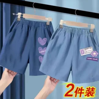Ice Silk Heart Floral Shorts for Kids 2 Pcs