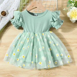 Light Green Daisy Print Tulle Dress for Girls 3-6M