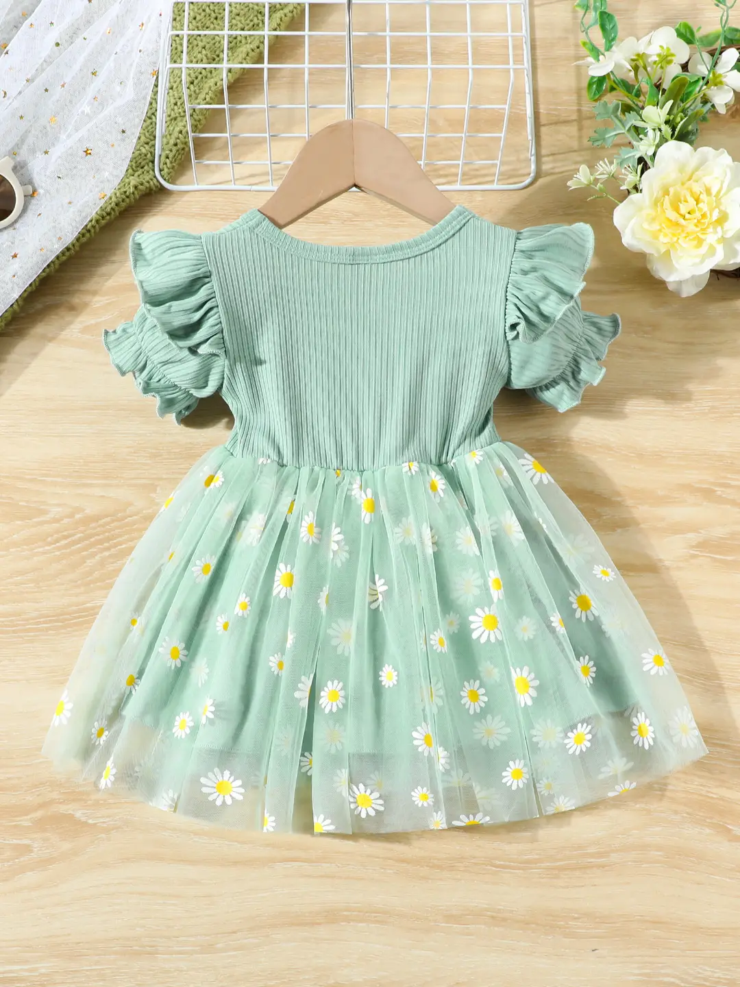 Light Green Daisy Print Tulle Dress for Girls 3-6M - Image 2