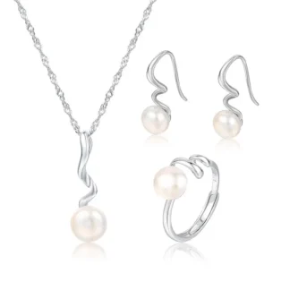 Pearl Necklace & Earrings Set Silver 925