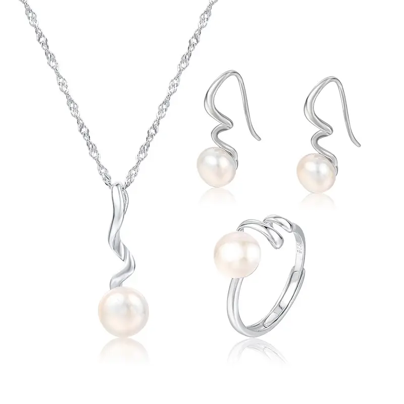 Pearl Necklace & Earrings Set Silver 925 Water Wave Design