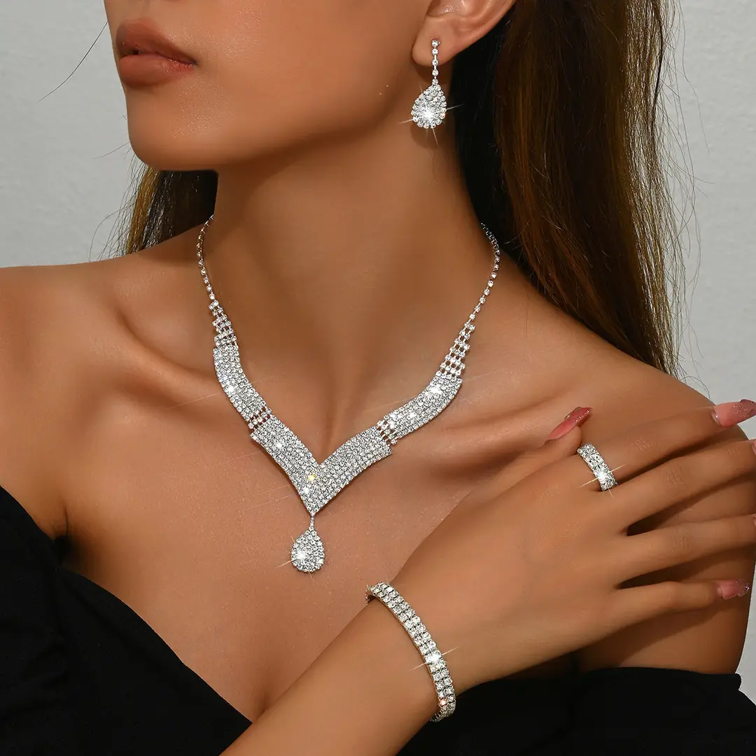 Sparkling V-Neck Jewelry Set for Pakistani Bridal Wear - Image 7