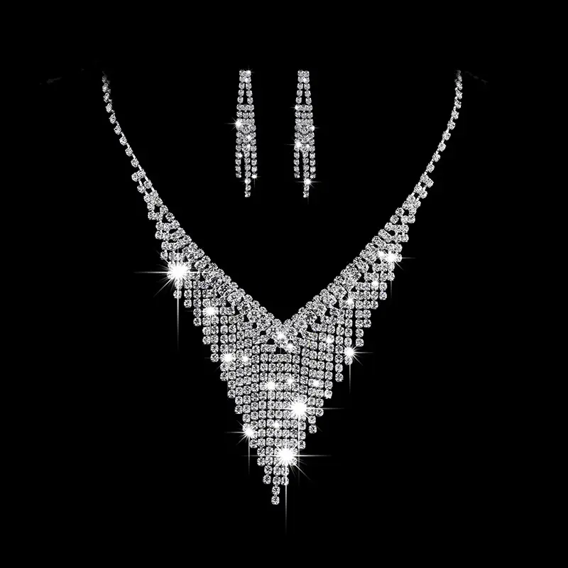 Diamond V-Neck Necklace & Earrings Set for Bridal Wear