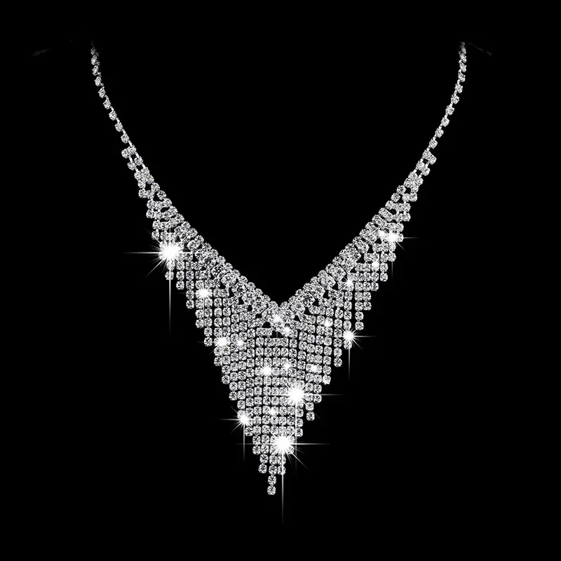 Diamond V-Neck Necklace & Earrings Set for Bridal Wear - Image 2